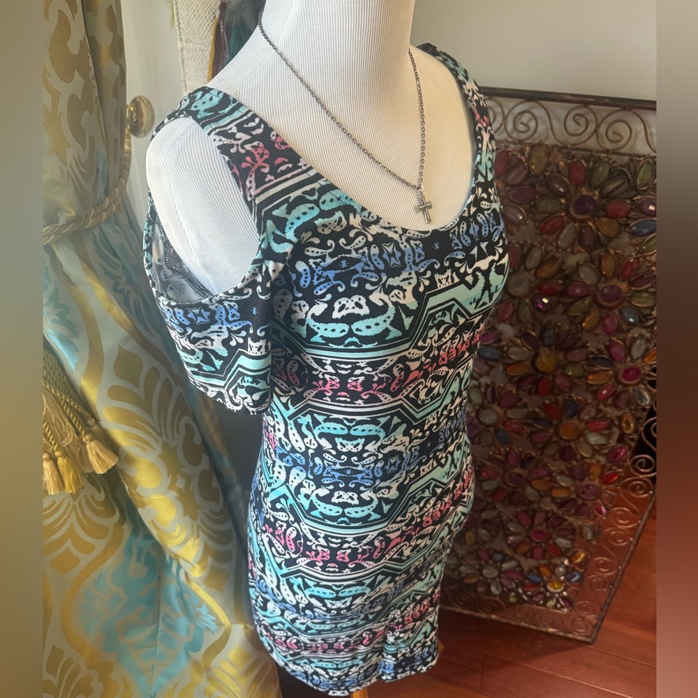 Planet gold tribal mini dress size medium off the shoulder